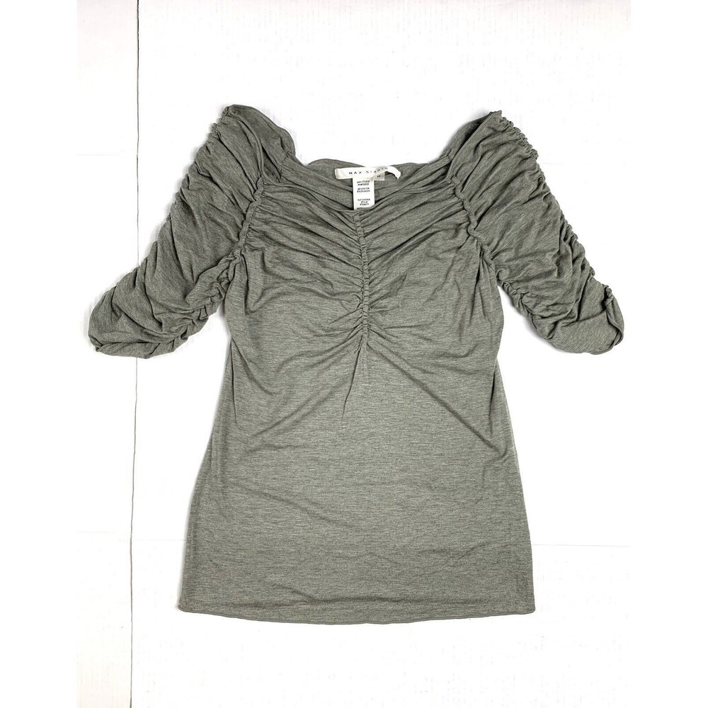 NWT Max Studio Blouse Womens M Gathered 1/2 Sleeve Olive Green Gray VTG ($78)